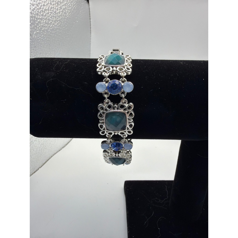 Napier Silver Tone Blue Teal Crystal Filigree Link Bracelet 7.5 Inch